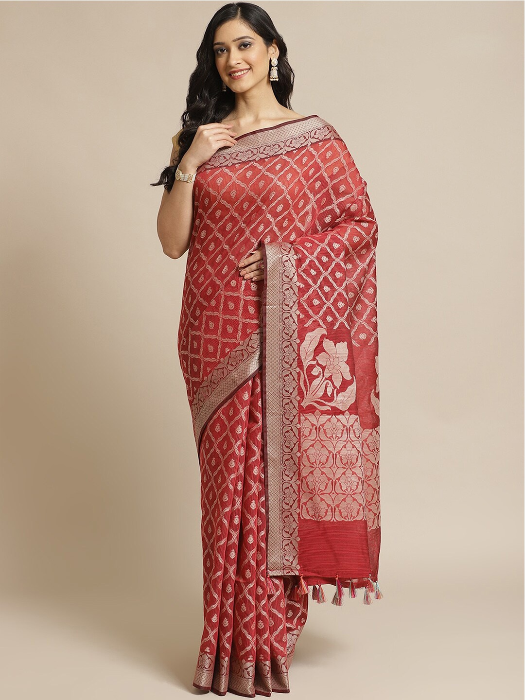 

Saranee Maroon & Silver-Toned Woven Design Banarasi Saree