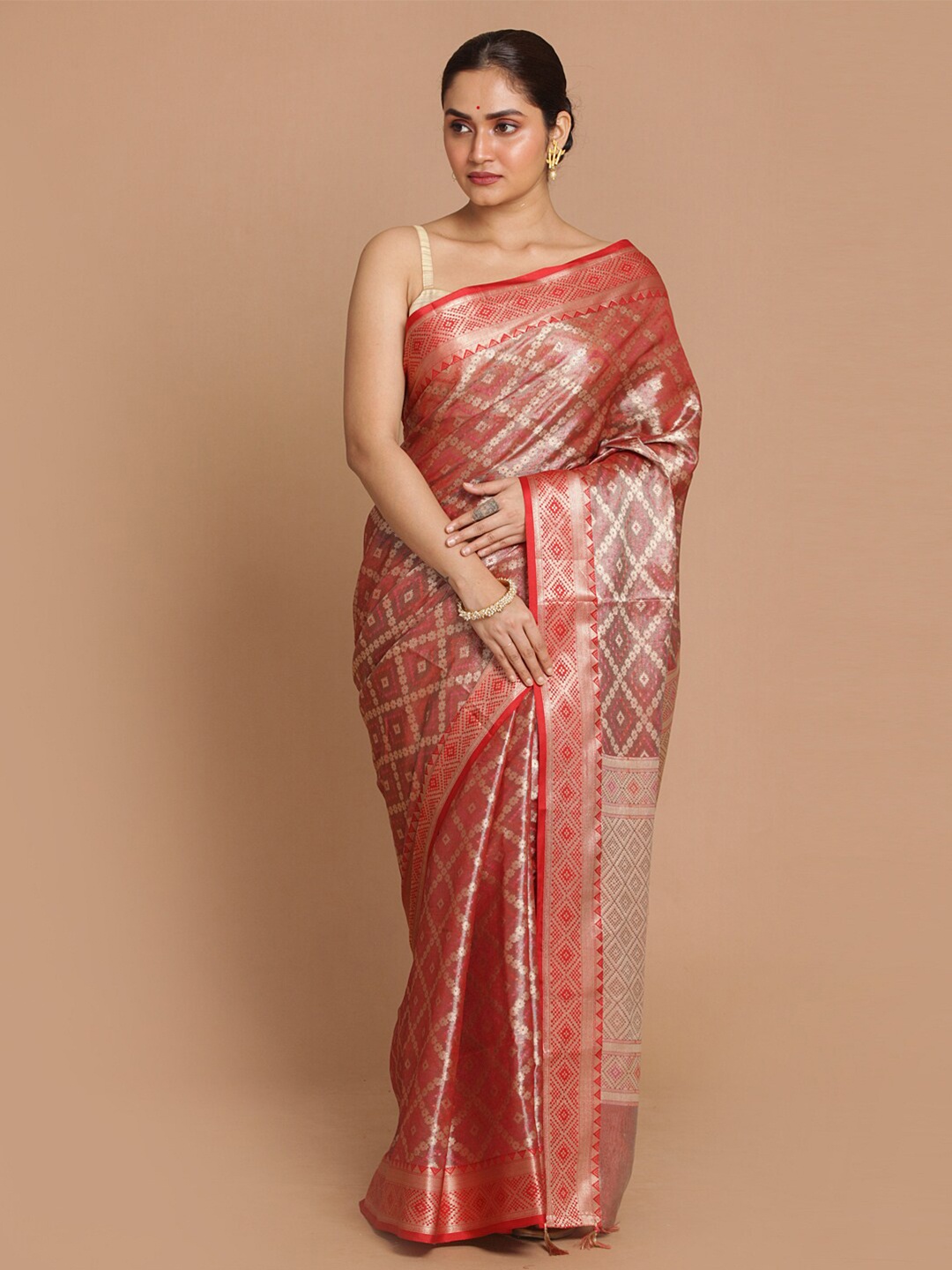 

Saranee Red & Pink Ethnic Motifs Zari Banarasi Saree