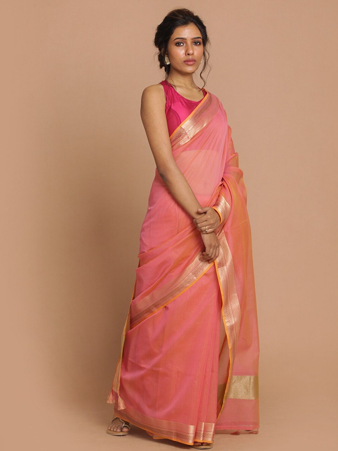

Indethnic Pink & Gold-Toned Zari Banarasi Saree