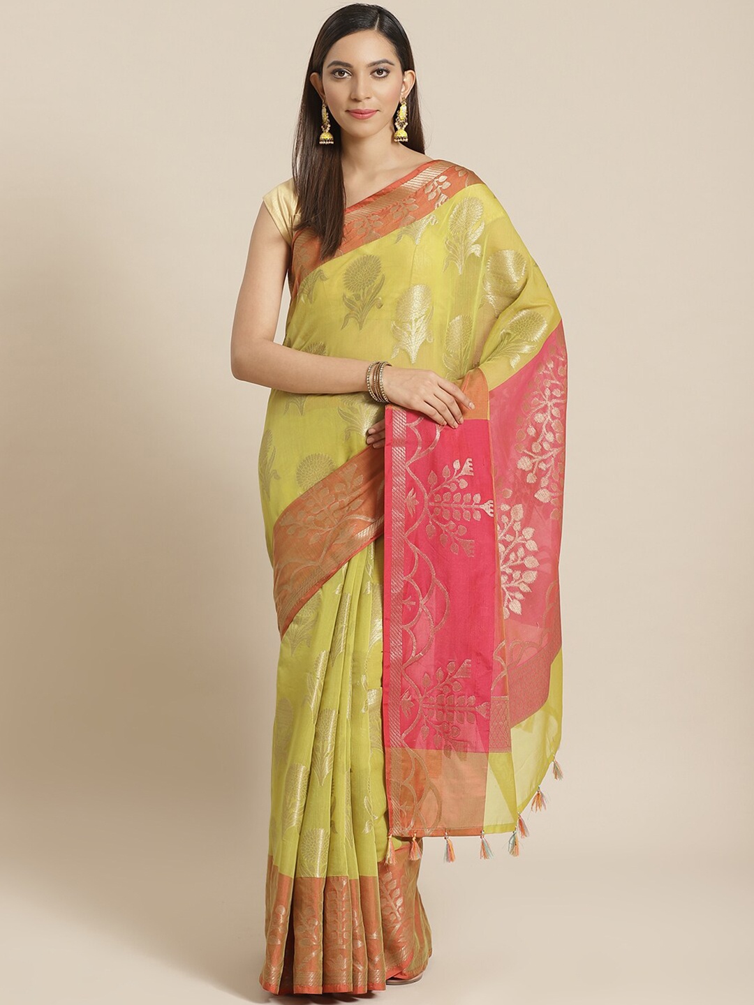 

Indethnic Lime Green & Pink Ethnic Motifs Banarasi Saree