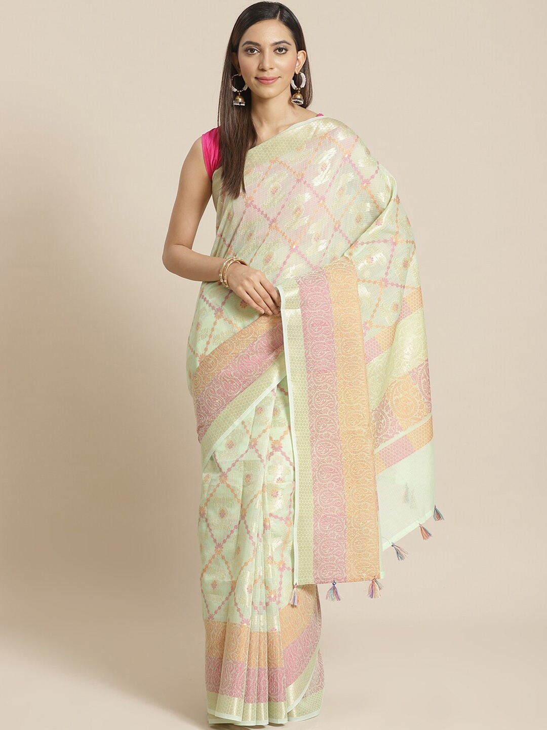 

Indethnic Green & Pink Ethnic Motifs Zari Banarasi Saree