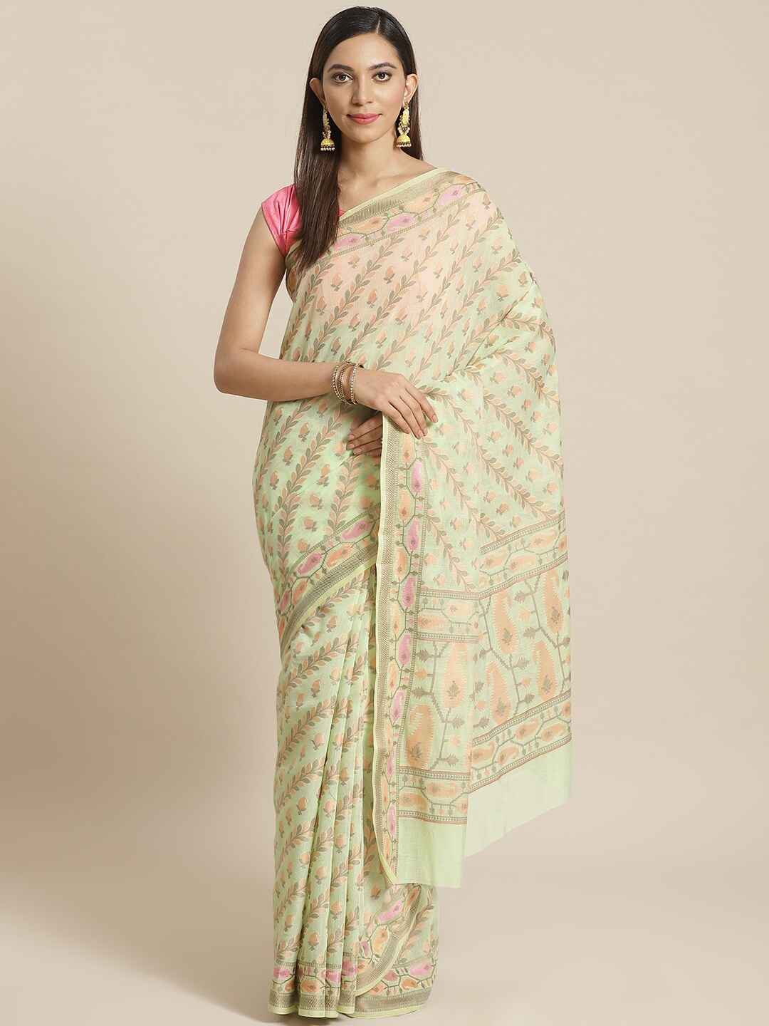 

Indethnic Green & Pink Ethnic Motifs Zari Banarasi Saree