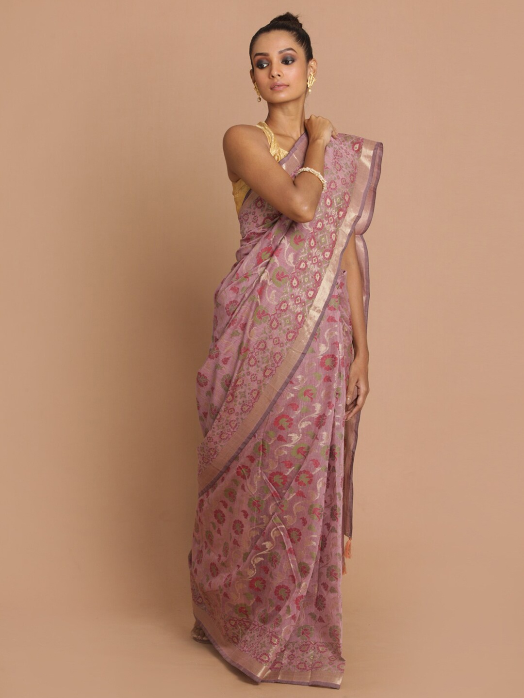 

Indethnic Women Purple Woven Design Banarasi Saree
