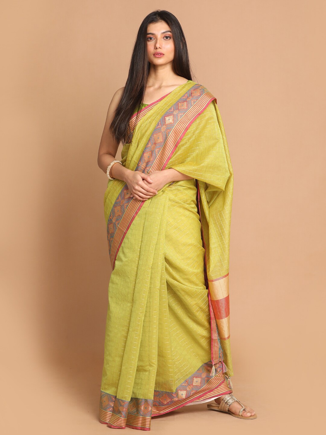 

Indethnic Green & Pink Checked Zari Banarasi Saree