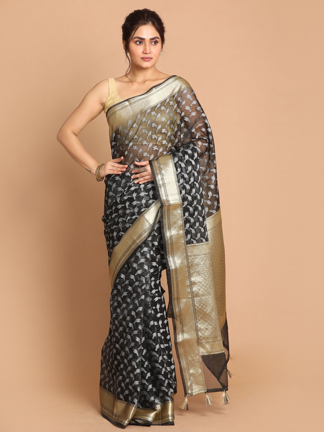 

Indethnic Black & Gold-Toned Woven Design Zari Banarasi Saree