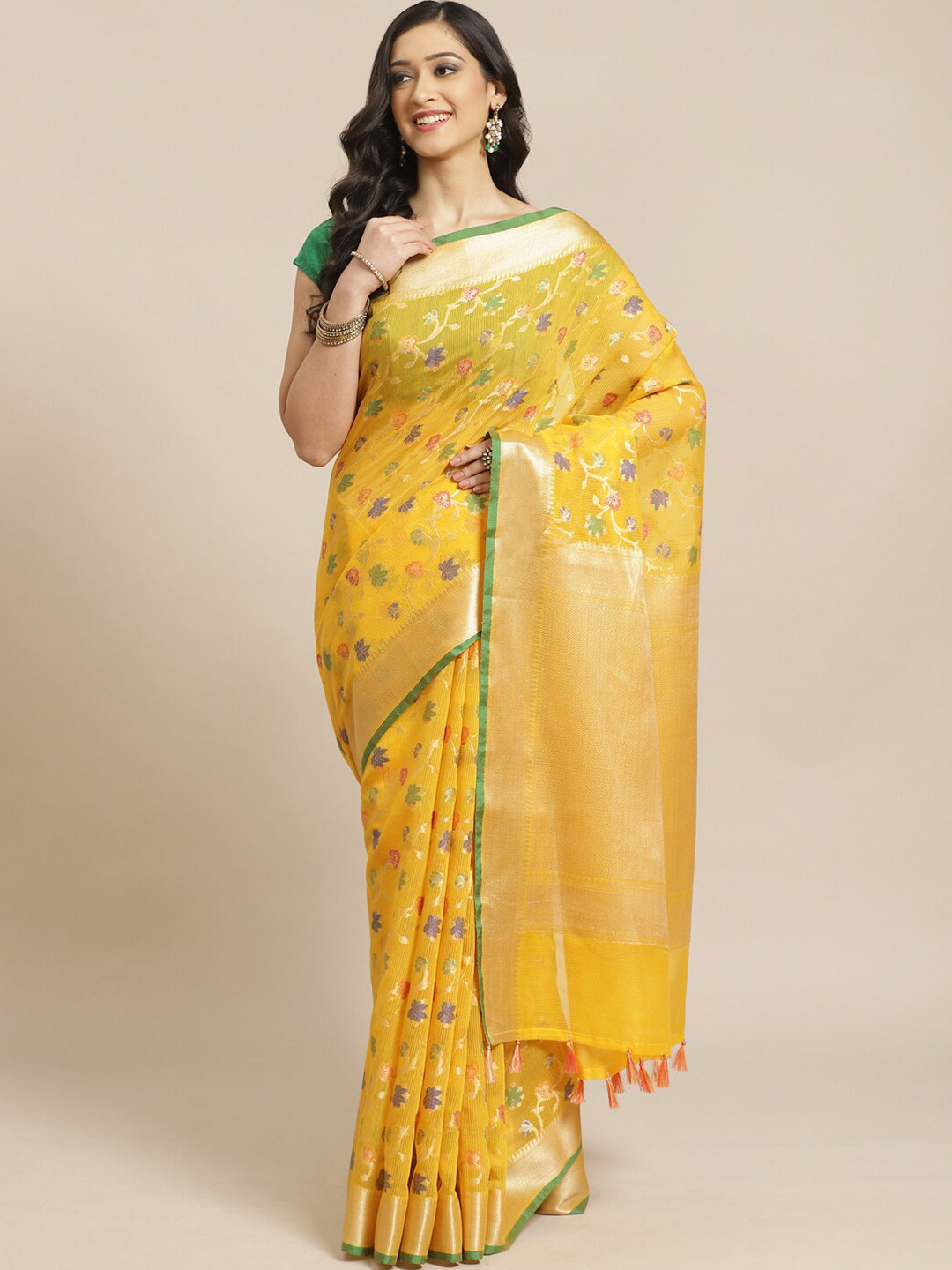 

Indethnic Yellow & Green Floral Banarasi Saree