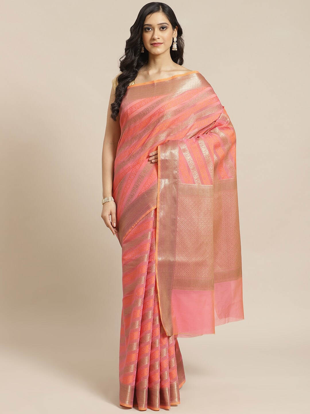 

Saranee Fuchsia & Gold Striped Zari Banarasi Saree