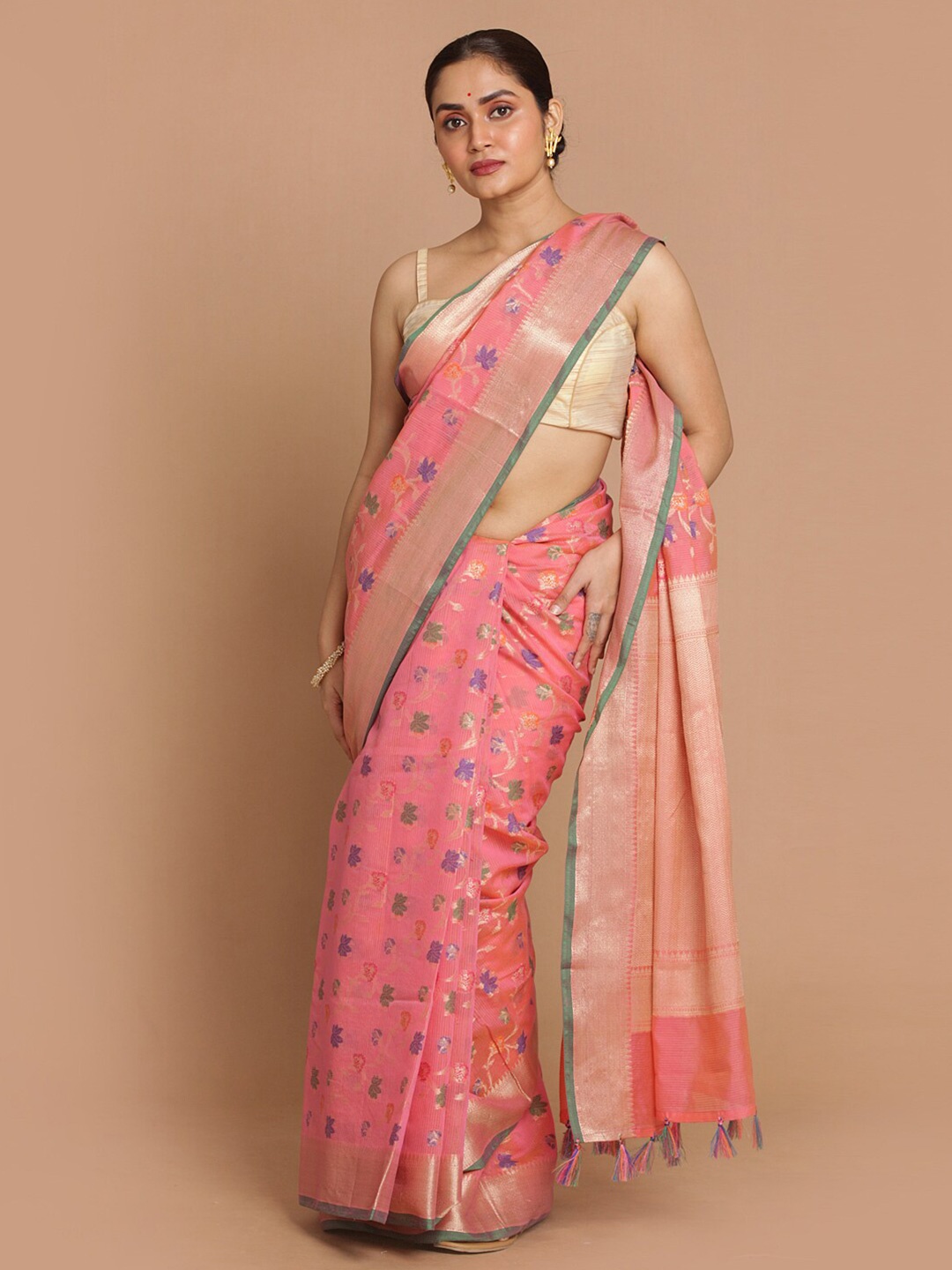 

Indethnic Pink Floral Woven Design Banarasi Saree