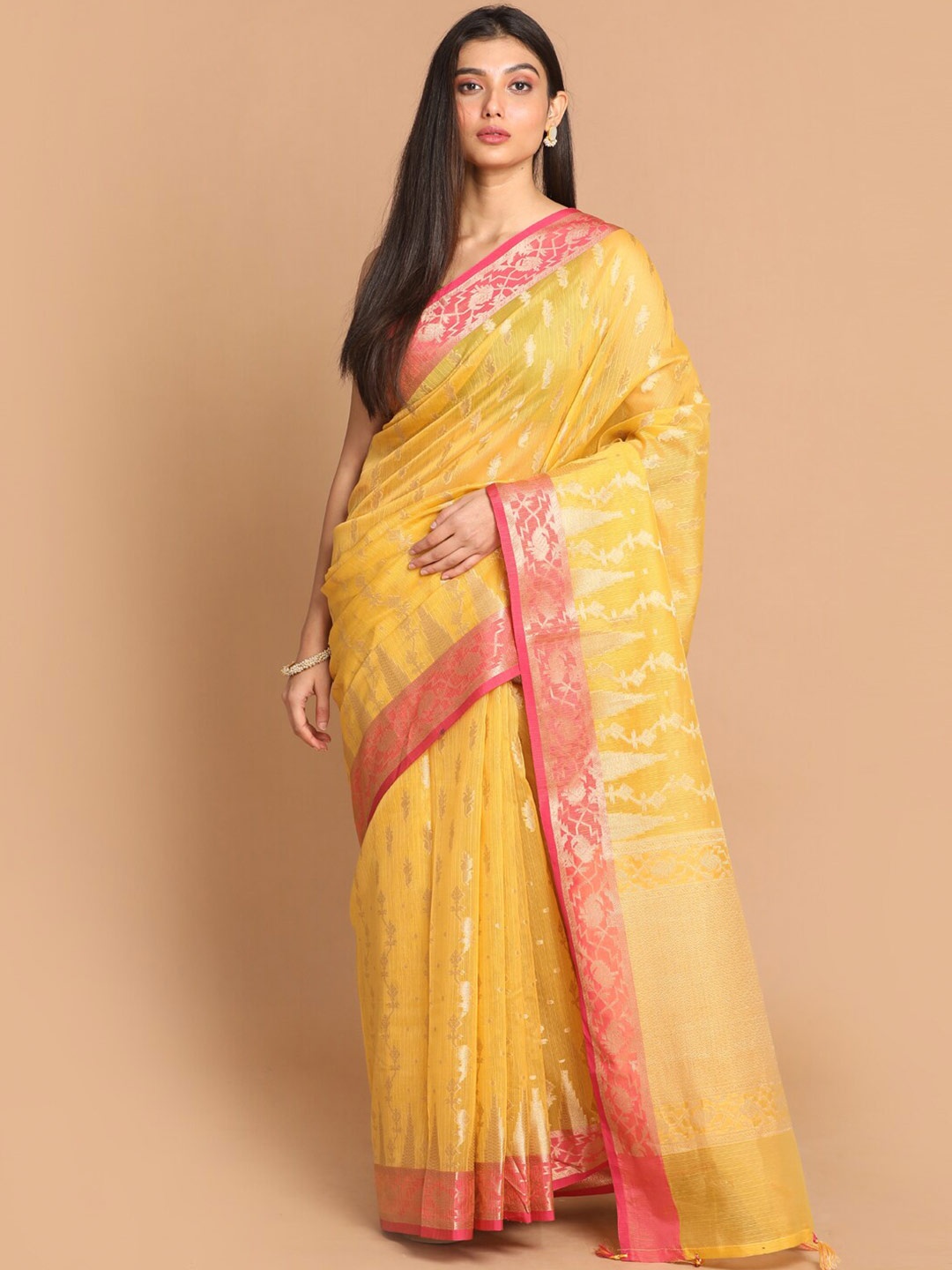 

Indethnic Yellow & Pink Ethnic Motifs Zari Banarasi Saree