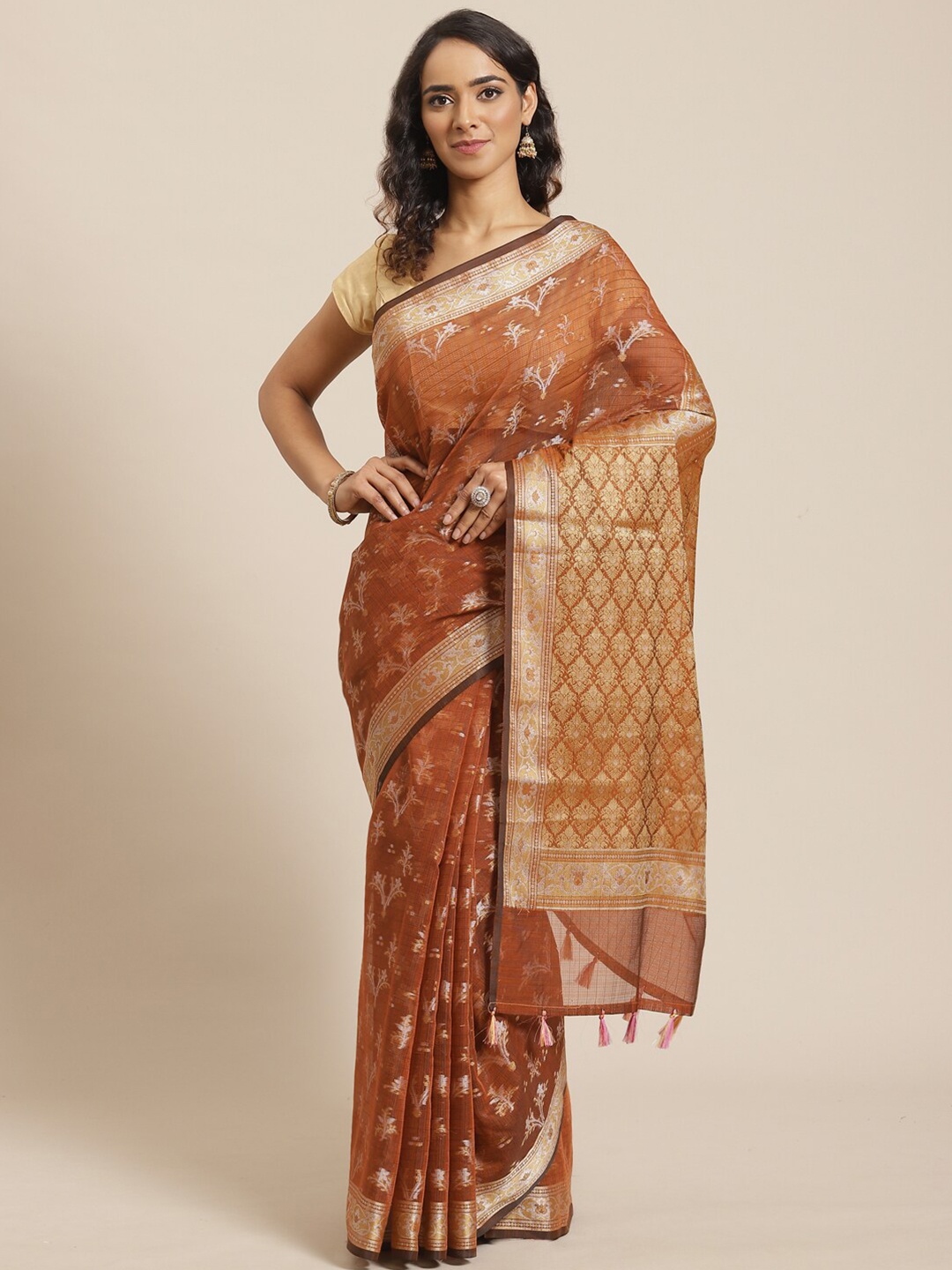

Indethnic Brown & Gold-Toned Ethnic Motifs Zari Banarasi Saree
