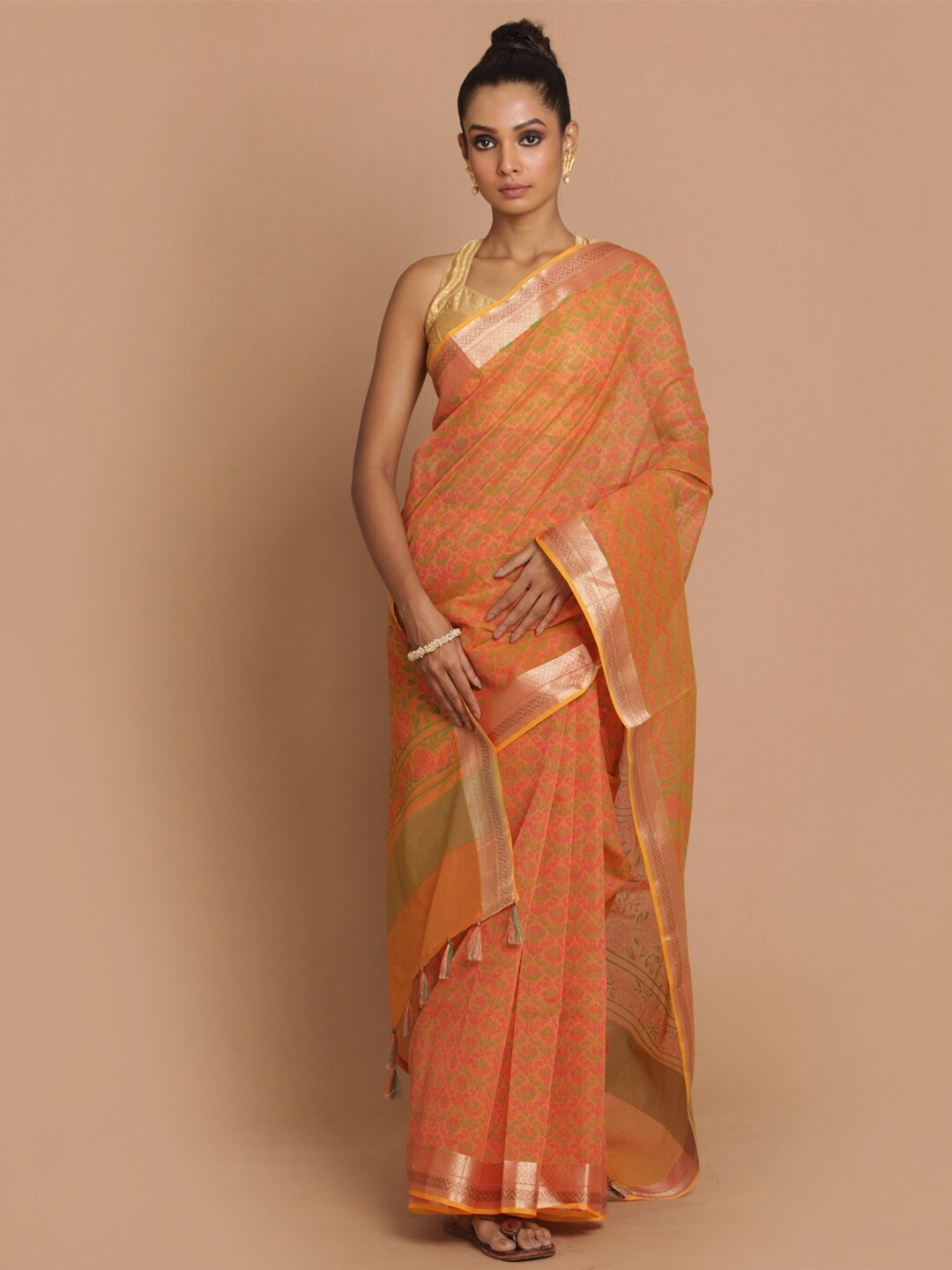 

Indethnic Orange & Gold-Toned Floral Zari Banarasi Saree