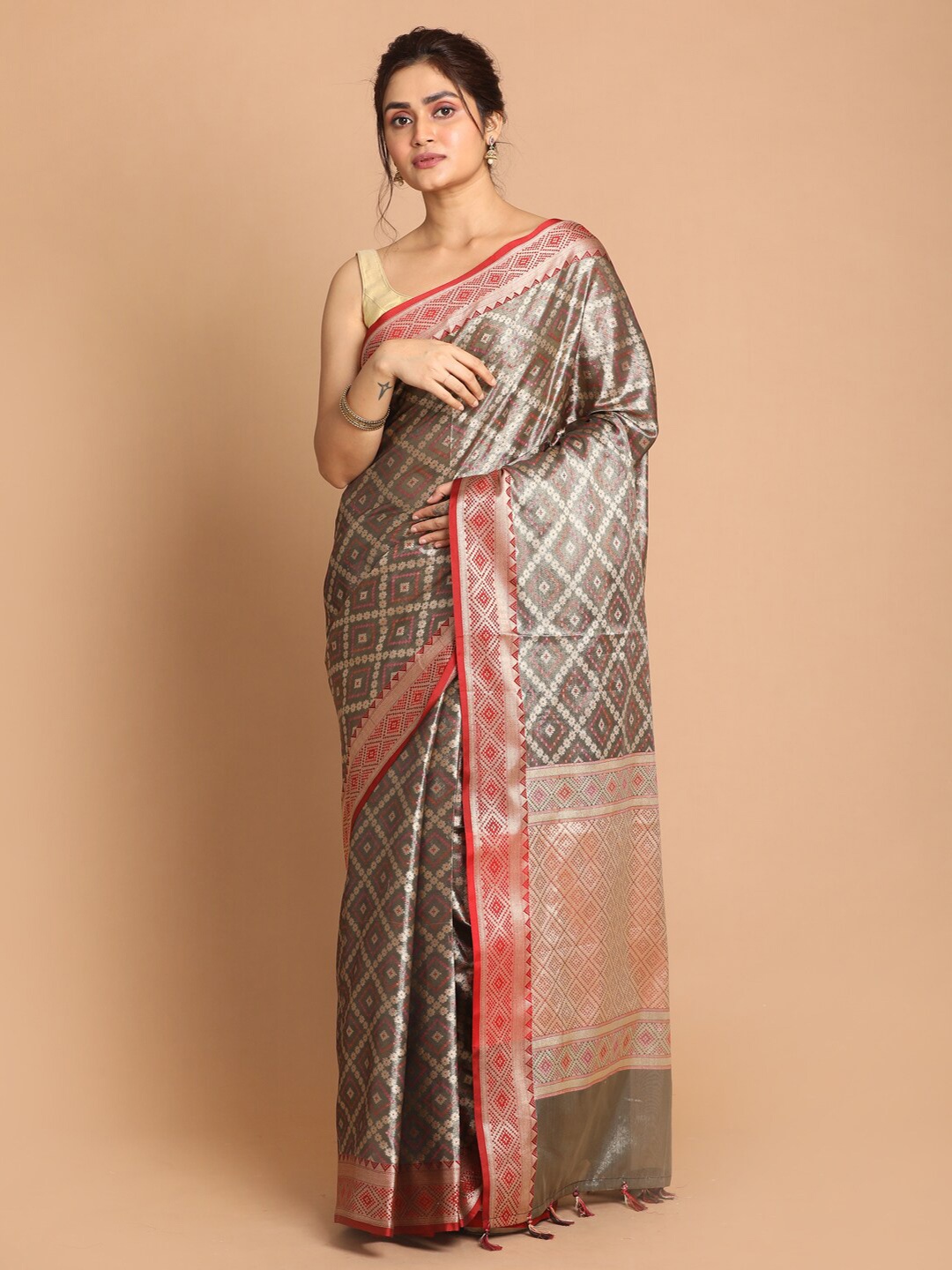 

Saranee Charcoal & Red Ethnic Motifs Zari Banarasi Saree