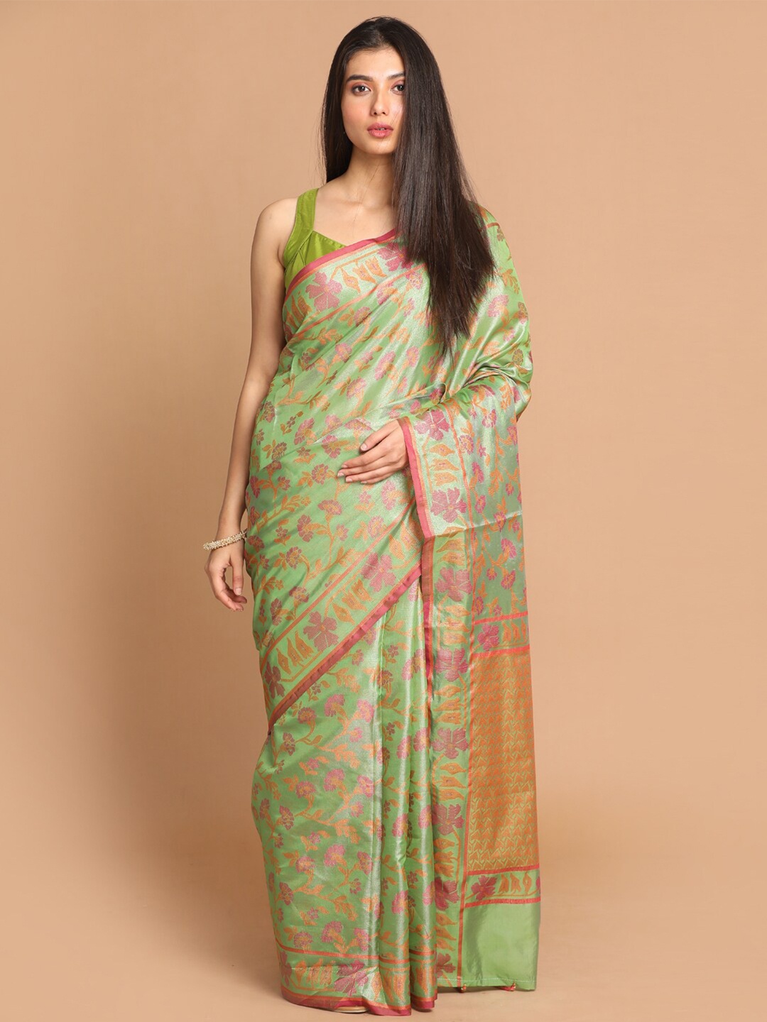 

Indethnic Green & Pink Floral Zari Banarasi Saree