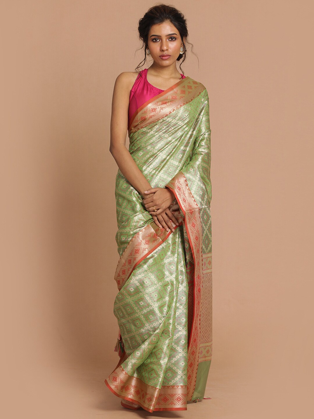 

Saranee Green & Orange Ethnic Motifs Banarasi Saree