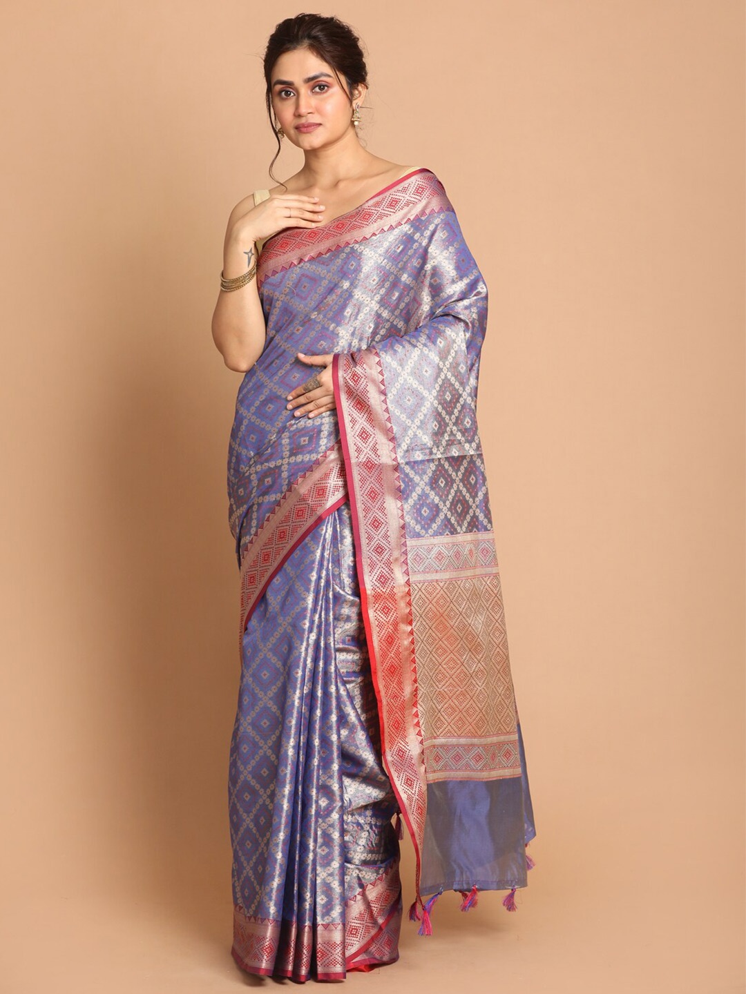 

Saranee Blue & Red Woven Design Zari Banarasi Saree