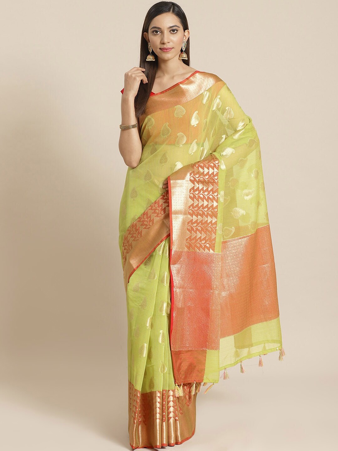 

Saranee Green & Orange Paisley Zari Banarasi Saree