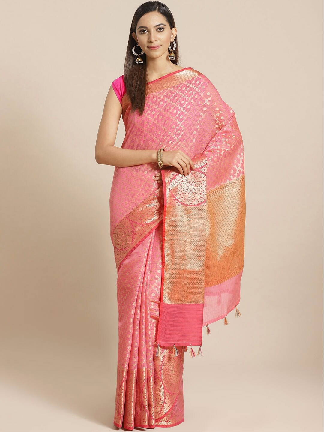 

Indethnic Fuchsia & Orange Ethnic Motifs Zari Banarasi Saree