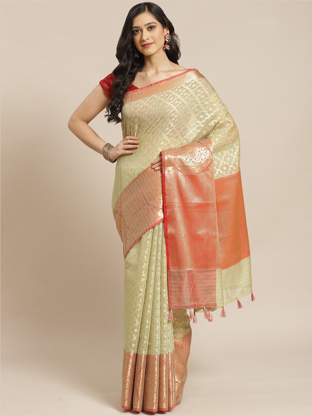 

Indethnic Beige & Red Woven Design Banarasi Saree