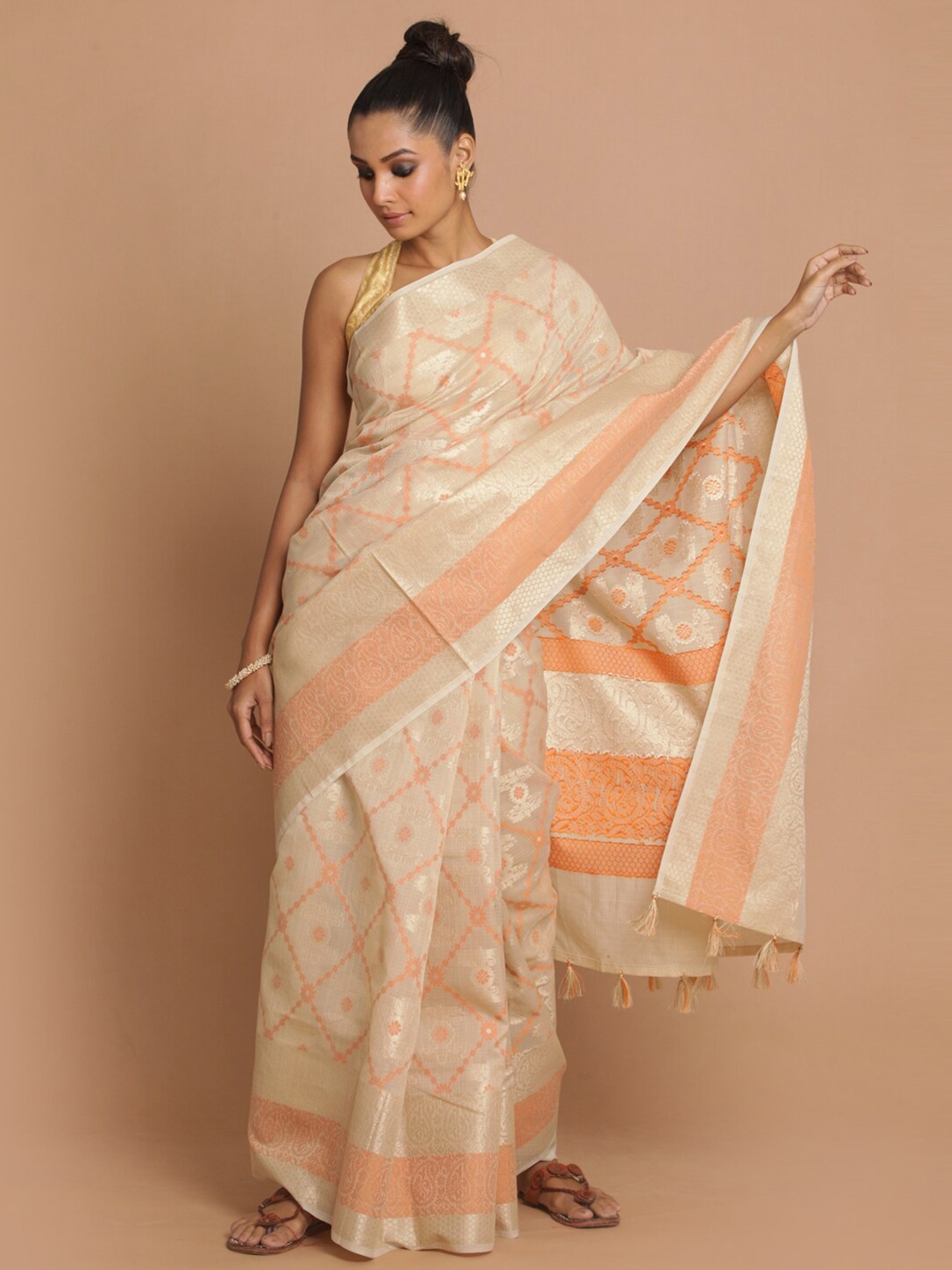 

Indethnic Beige & Orange Ethnic Motifs Zari Banarasi Saree