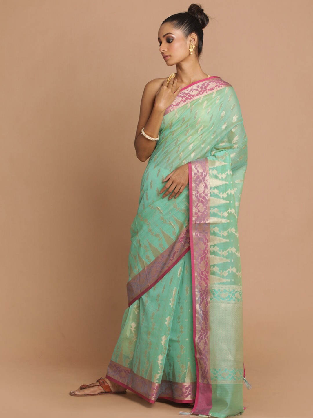 

Indethnic Green & Purple Ethnic Motifs Zari Banarasi Saree