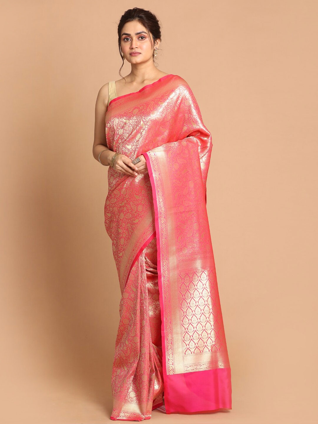 

Indethnic Pink & Gold-Toned Paisley Zari Banarasi Saree