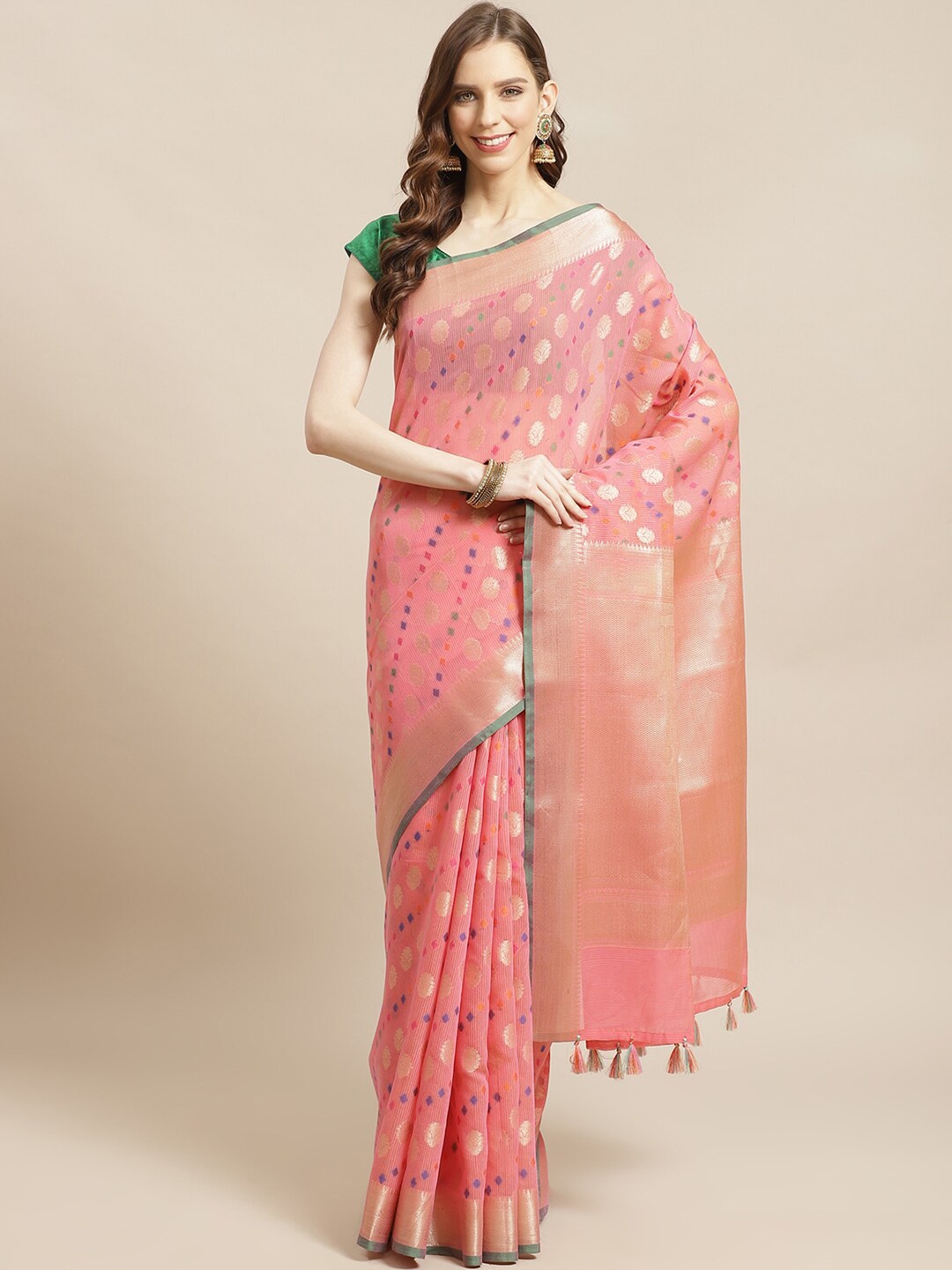 

Indethnic Fuchsia & Green Woven Design Zari Banarasi Saree