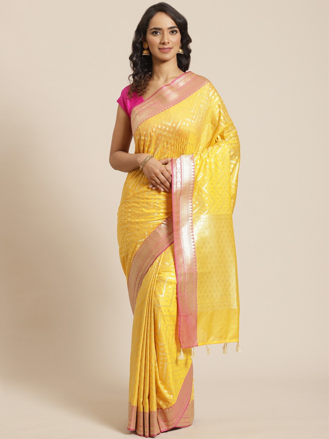 

Indethnic Yellow & Pink Zari Banarasi Saree