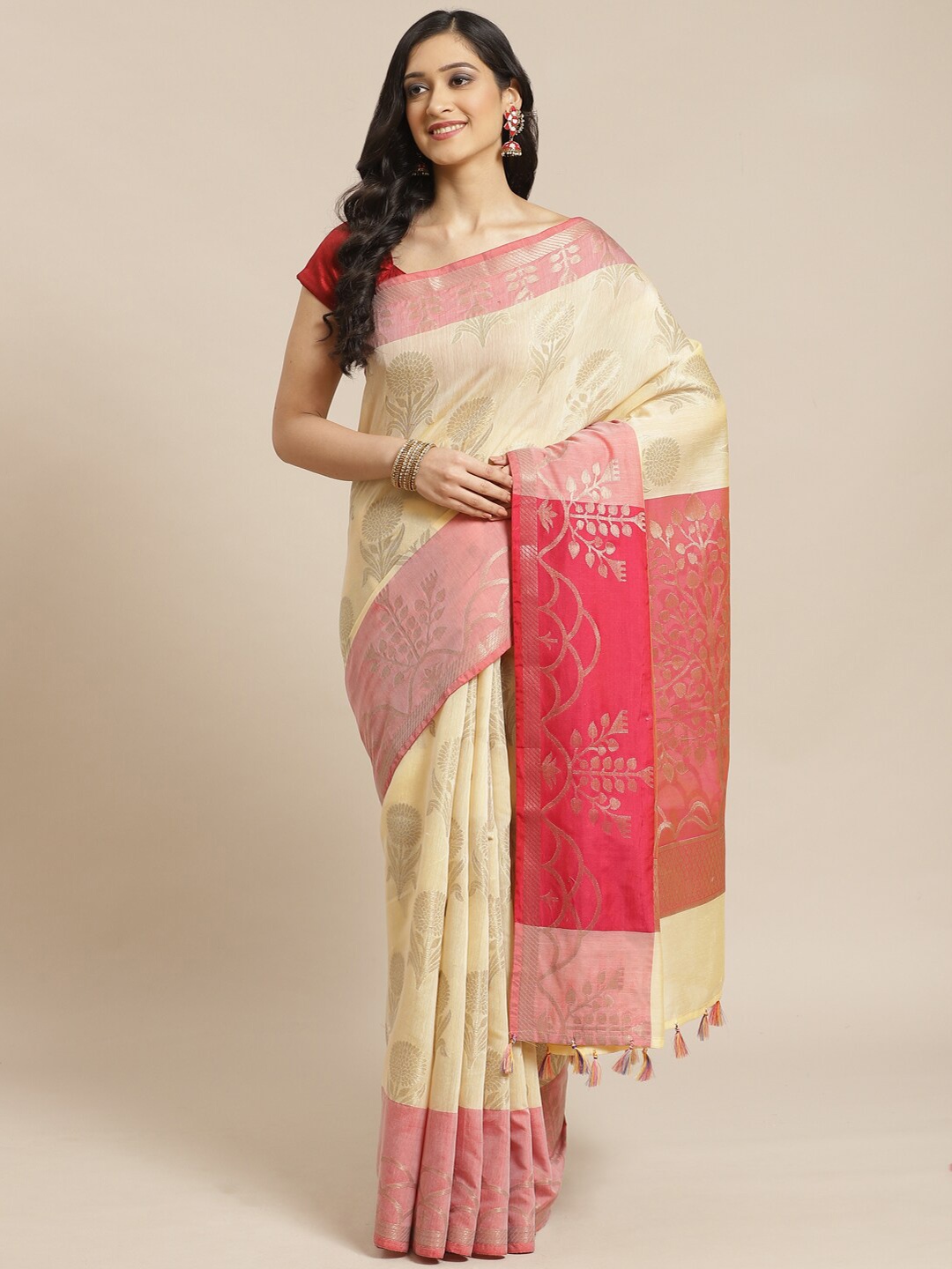 

Saranee Cream-Coloured & Pink Woven Design Banarasi Saree