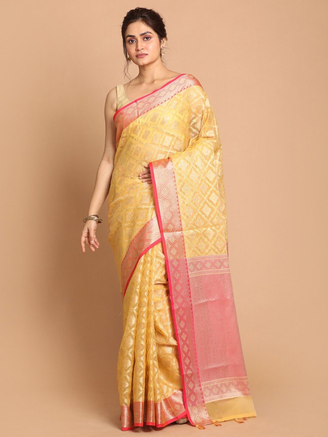 

Indethnic Mustard & Pink Ethnic Motifs Zari Banarasi Saree