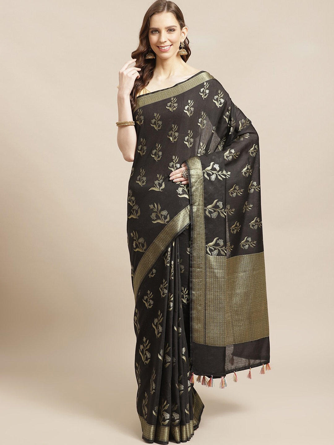 

Saranee Black & Gold Ethnic Motifs Zari Banarasi Saree