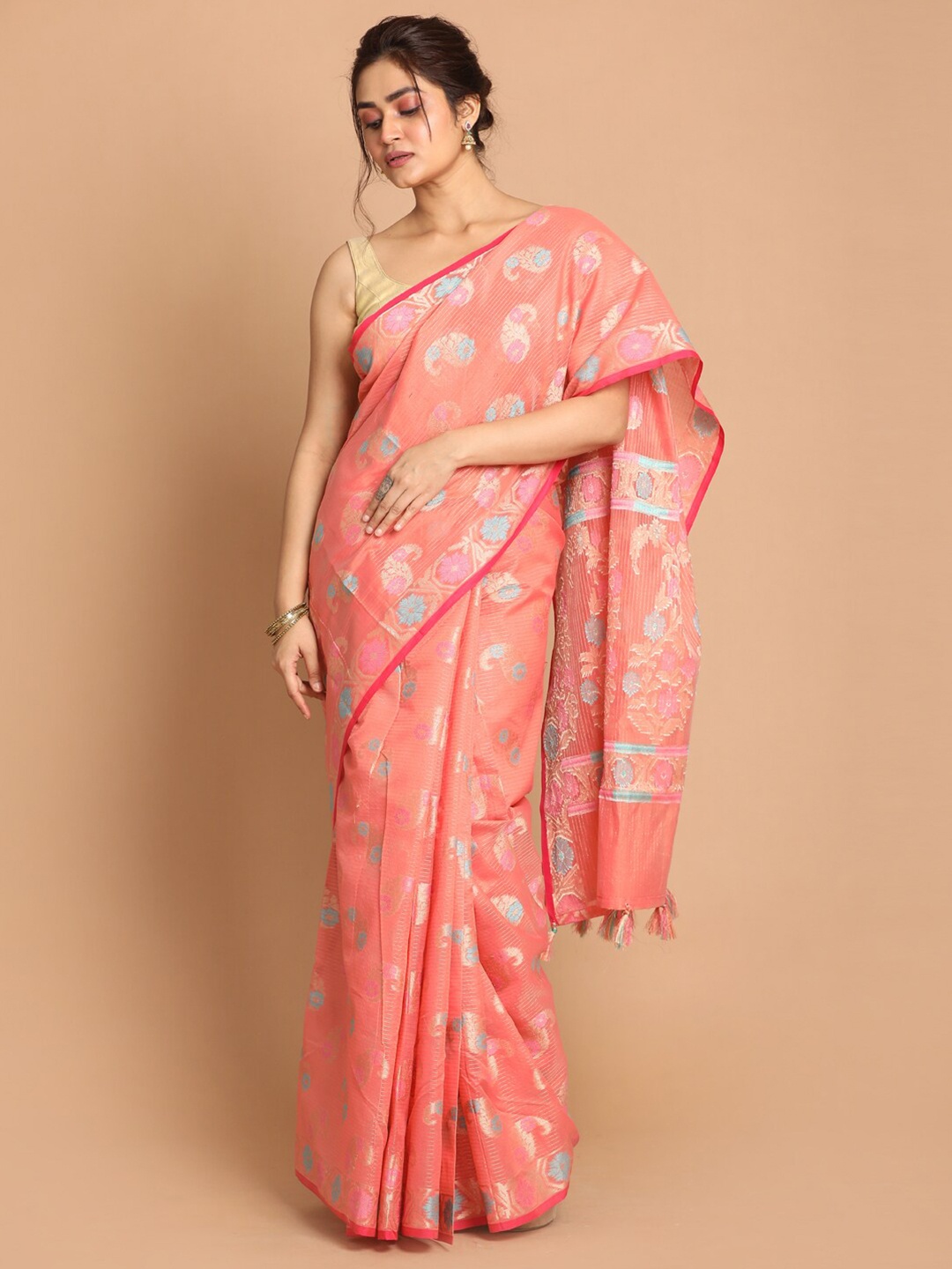 

Indethnic Coral & Blue Paisley Zari Banarasi Saree