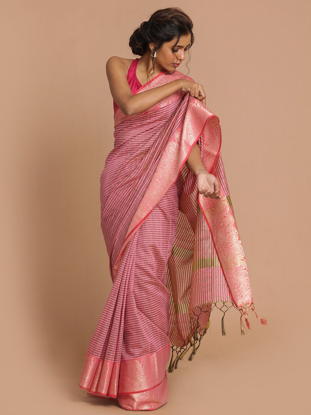 

Indethnic Pink & Purple Striped Banarasi Saree
