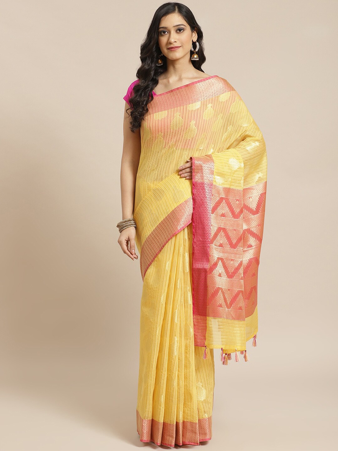

Indethnic Yellow & Pink Floral Zari Banarasi Saree