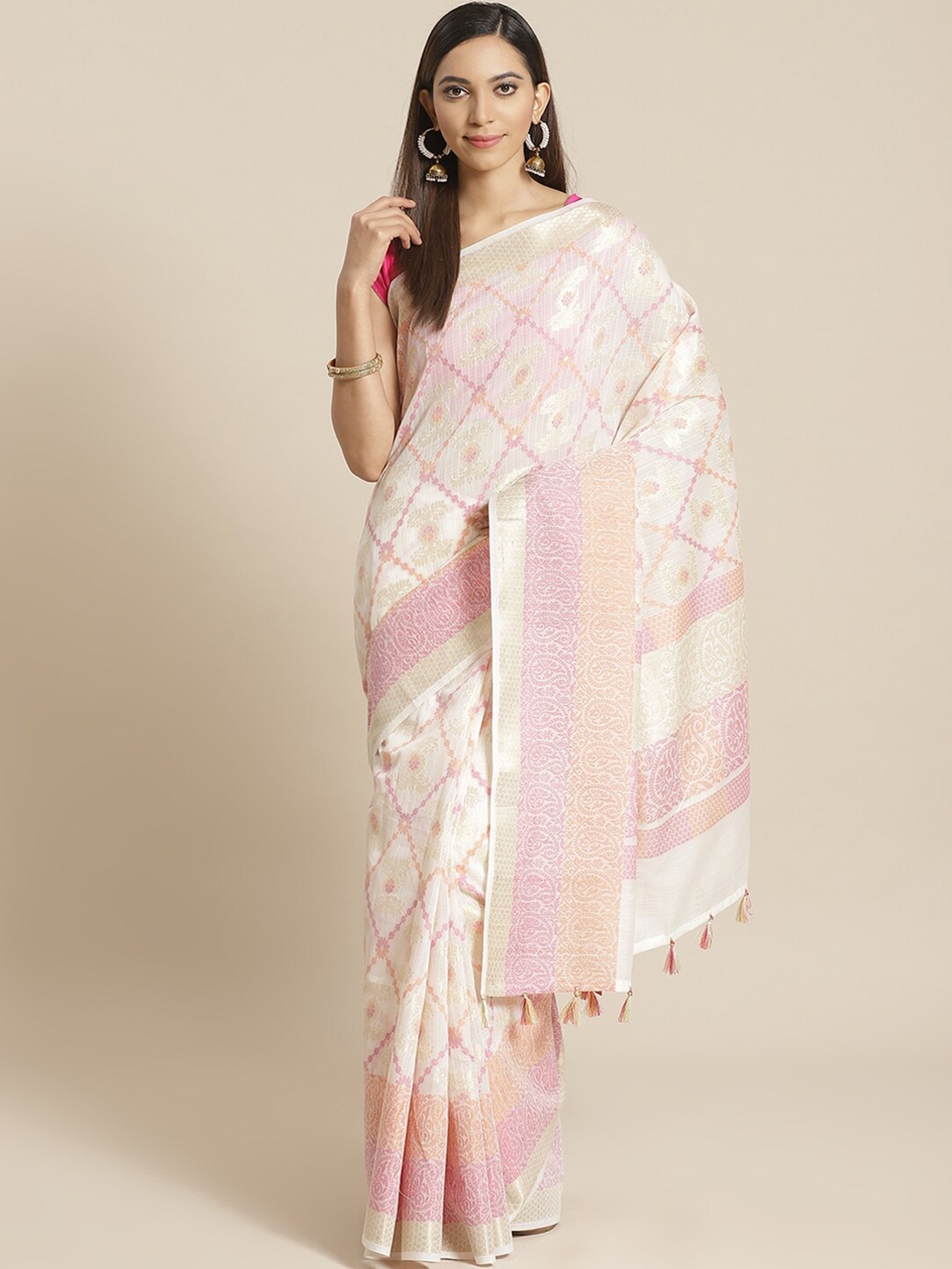 

Indethnic White & Pink Floral Zari Banarasi Saree