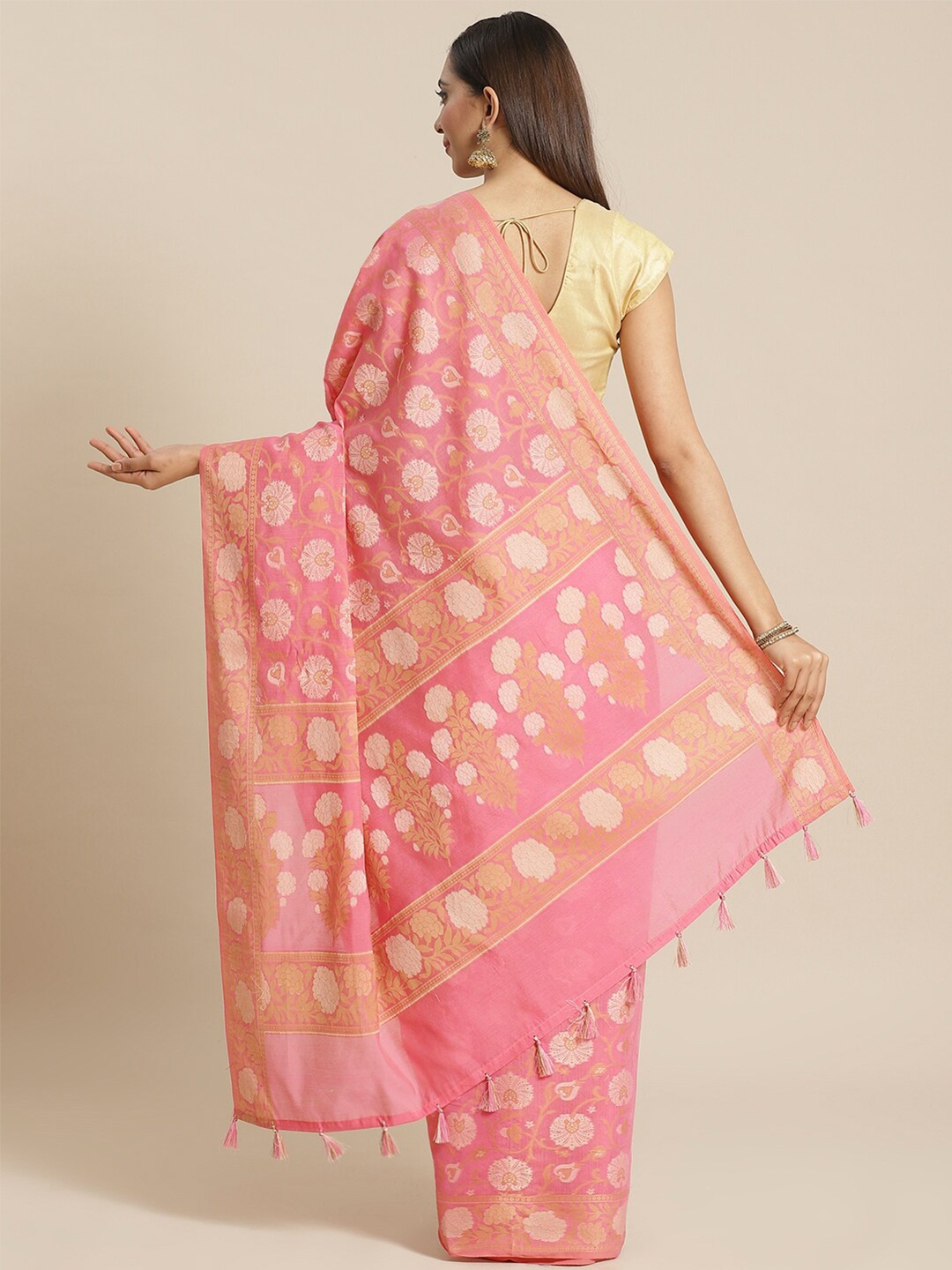 

Indethnic Pink & Beige Woven Design Banarasi Saree