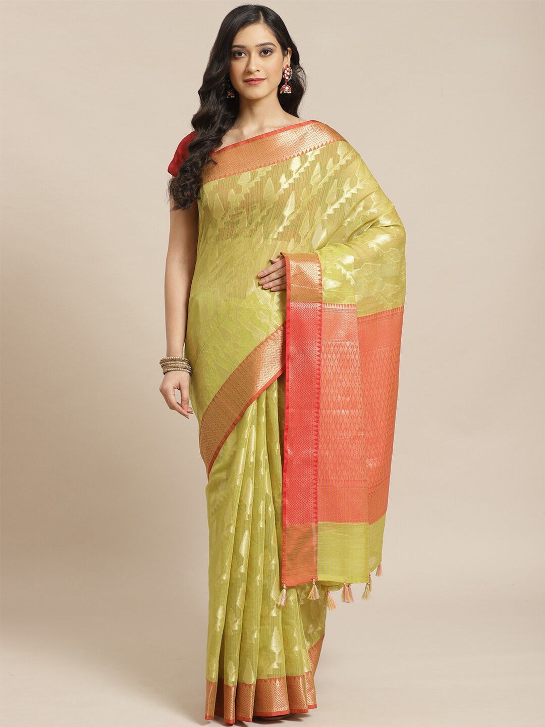 

Indethnic Olive Green & Red Ethnic Motifs Zari Banarasi Saree