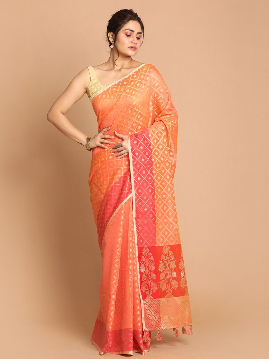 

Indethnic Orange & Gold-Toned Ethnic Motifs Zari Banarasi Saree