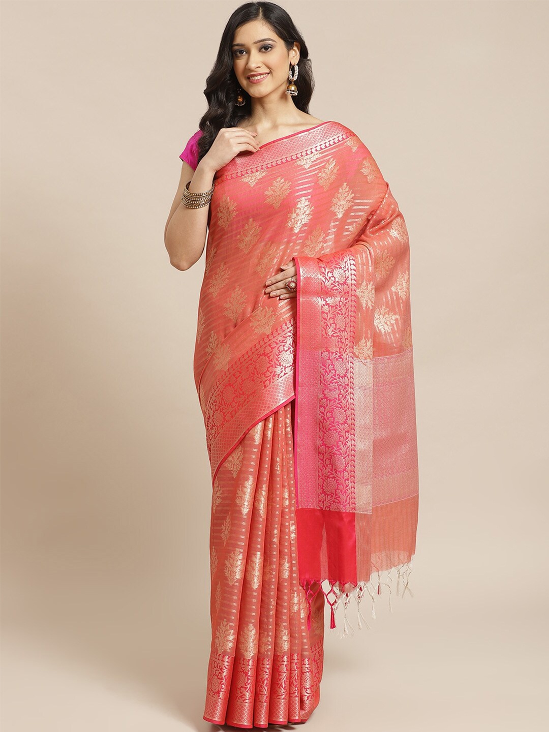 

Saranee Coral & Fuchsia Ethnic Motifs Zari Banarasi Saree