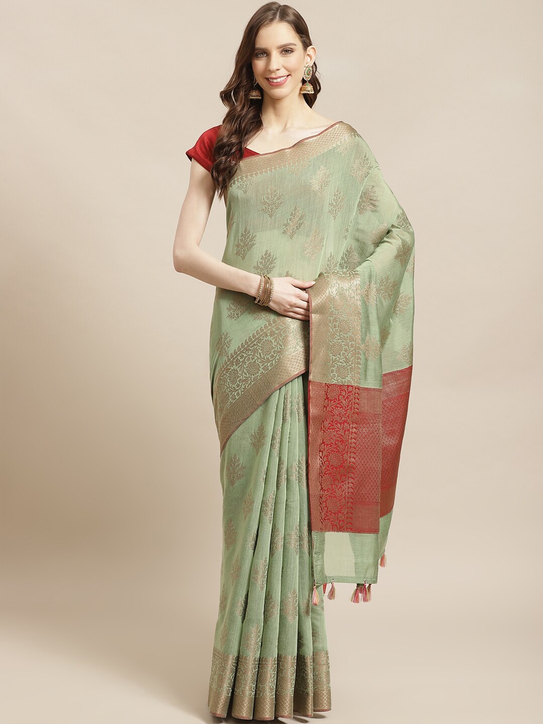 

Indethnic Green & Maroon Ethnic Motifs Zari Banarasi Saree