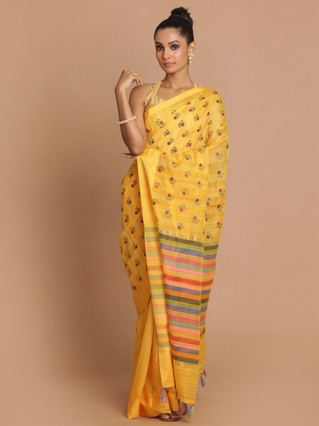 

Indethnic Yellow & Red Floral Banarasi Saree