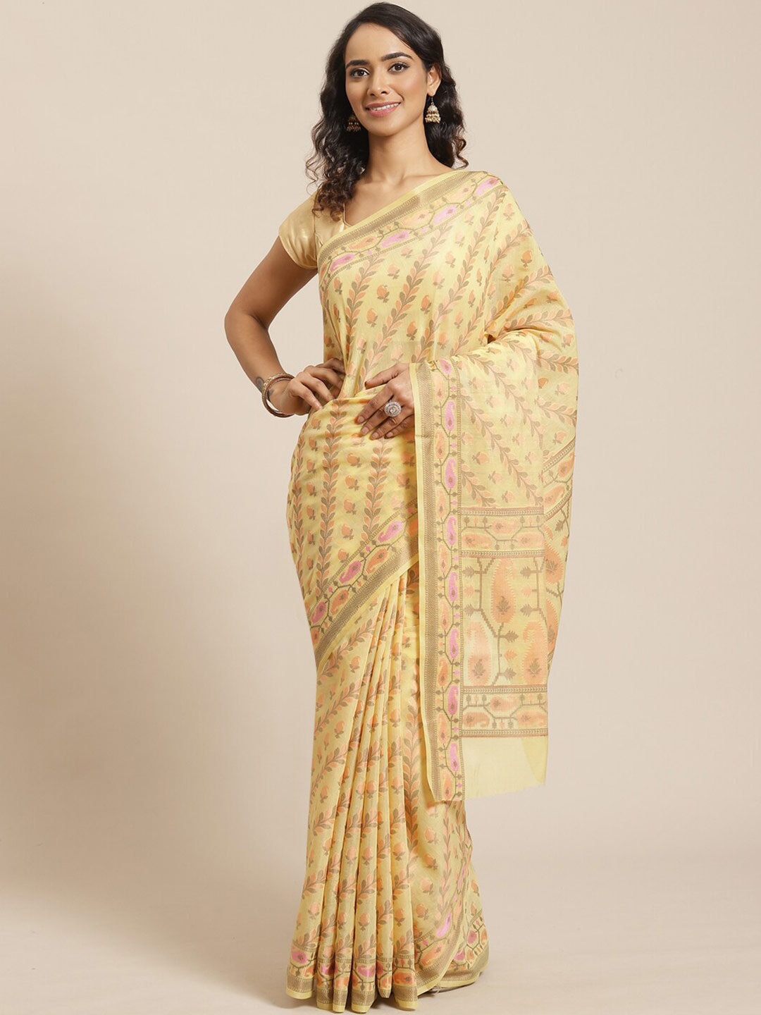 

Saranee Yellow & Pink Floral Banarasi Saree