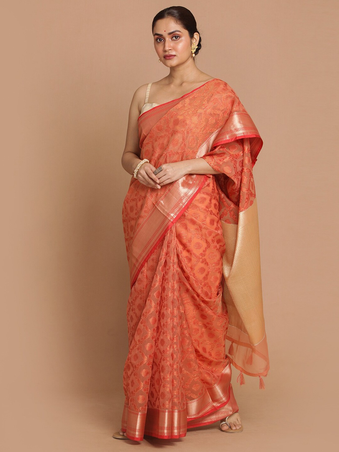 

Indethnic Coral & Gold-Toned Ethnic Motifs Zari Banarasi Saree