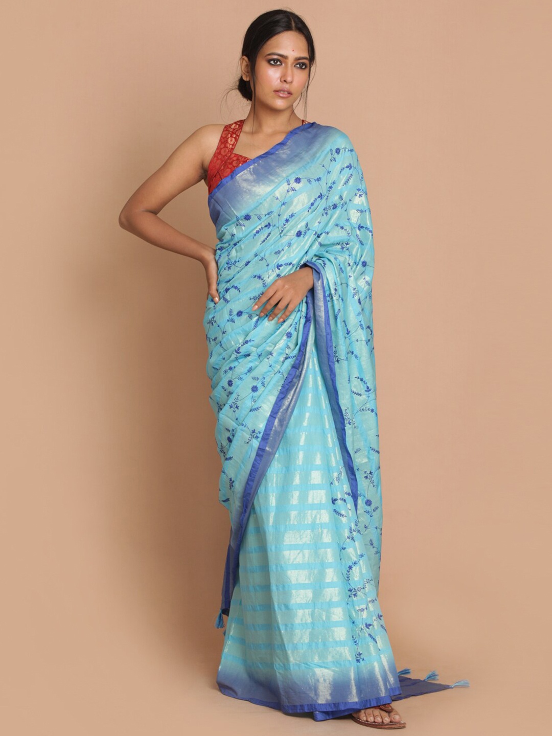 

Saranee Blue & Silver-Toned Floral Zari Banarasi Saree