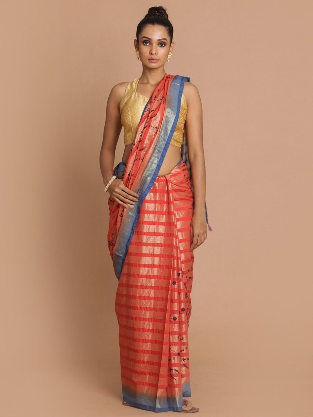 

Saranee Red & Blue Checked Zari Banarasi Saree