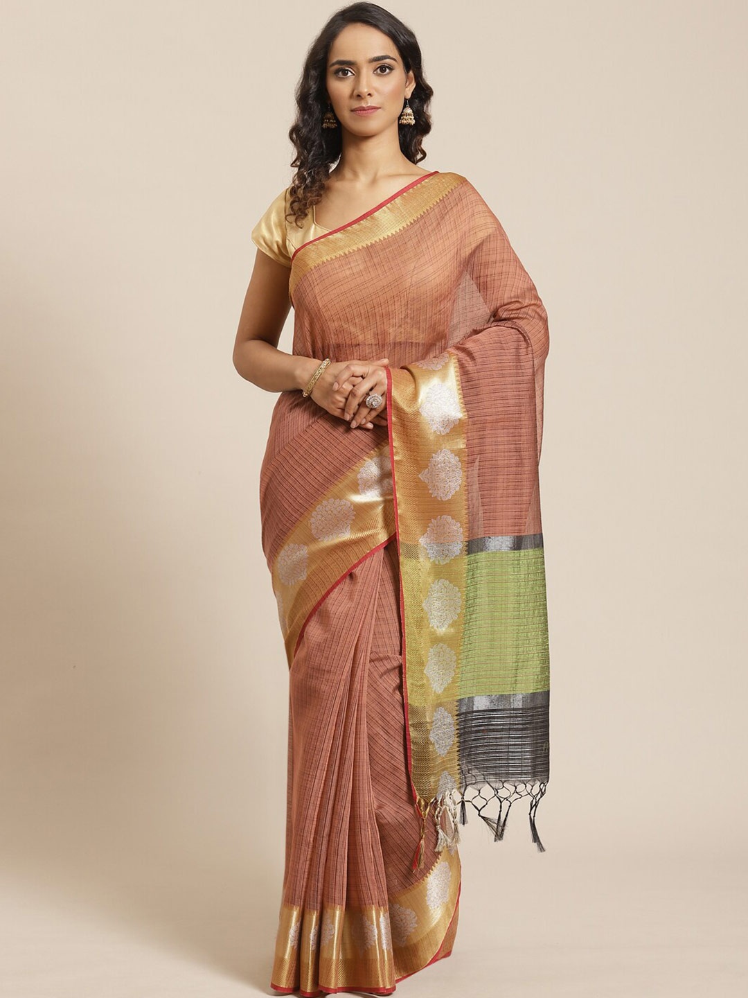 

Saranee Brown & Grey Checked Banarasi Saree