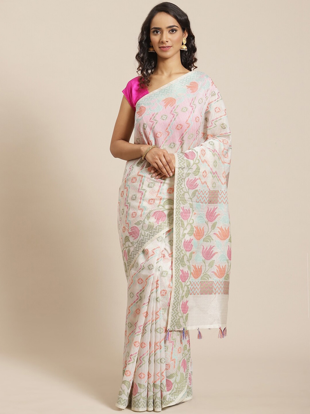 

Indethnic White & Pink Ethnic Motifs Banarasi Saree