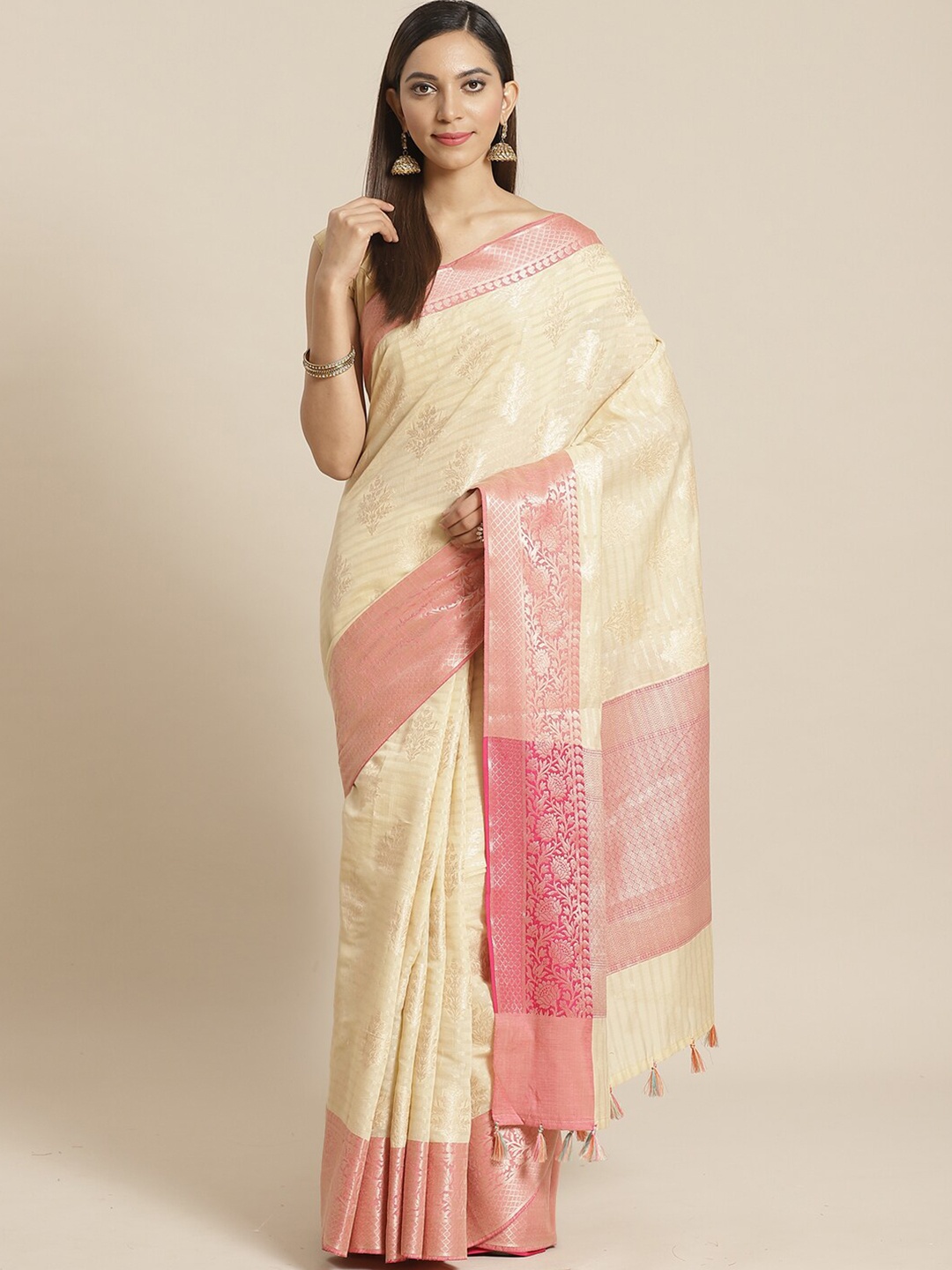 

Saranee Cream-Coloured & Pink Ethnic Motifs Woven Designed Banarasi Saree