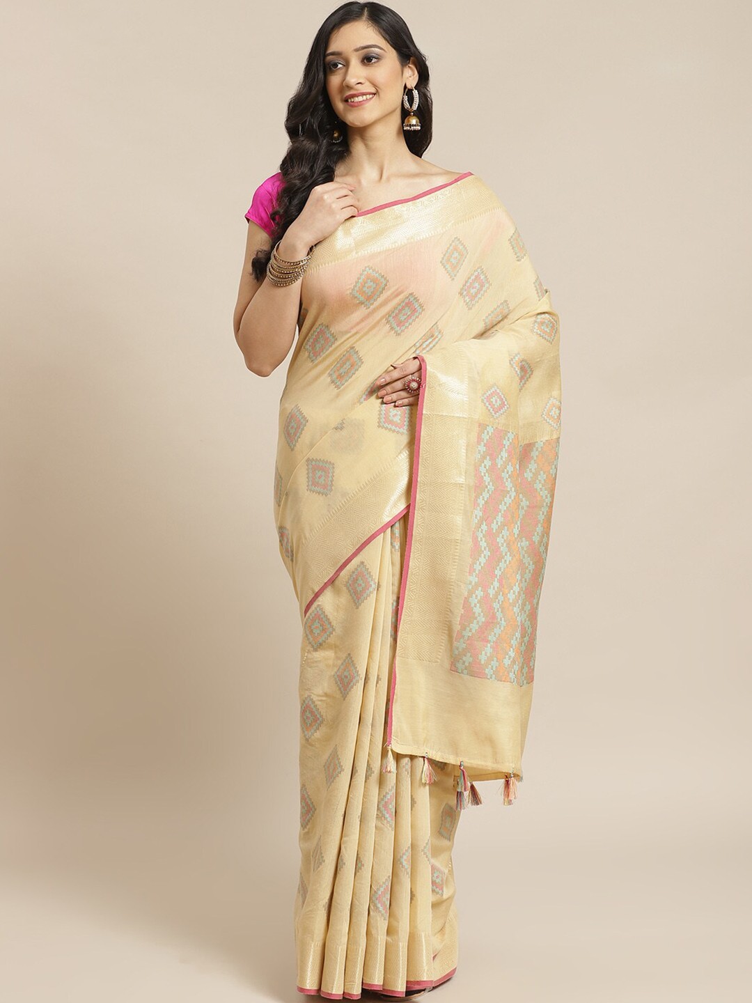 

Saranee Beige & Pink Banarasi Saree