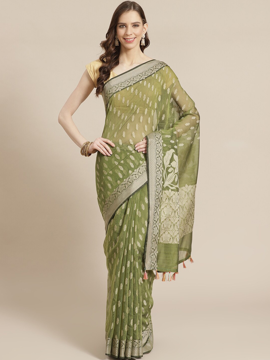 

Saranee Green & Grey Floral Banarasi Saree