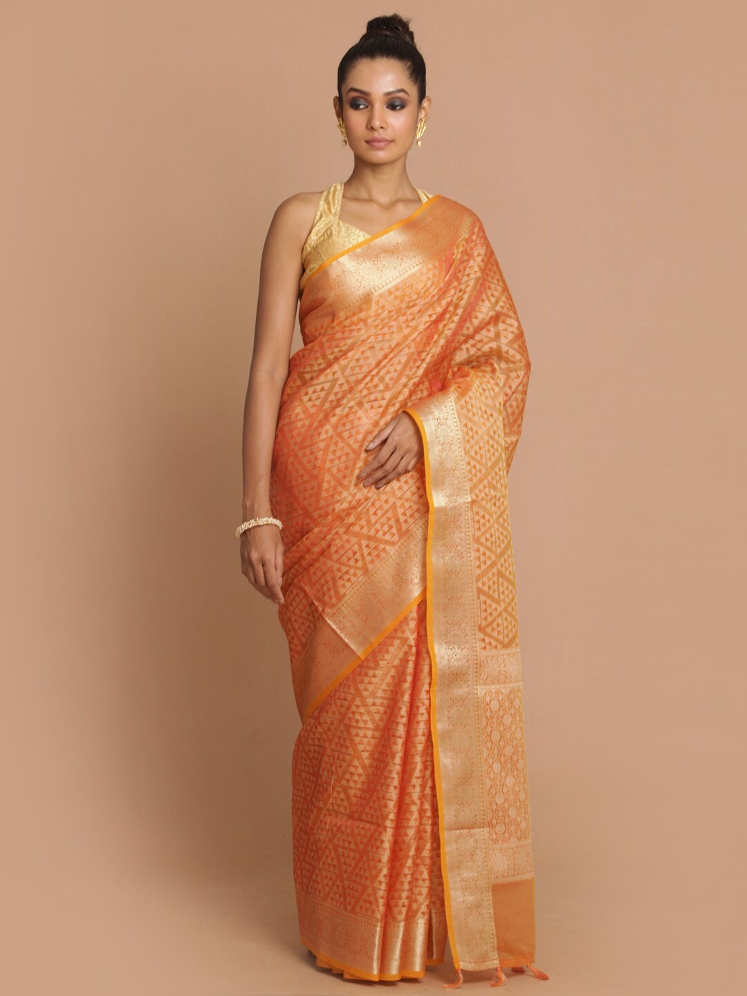 

Indethnic Rust & Gold-Toned Woven Design Zari Banarasi Saree